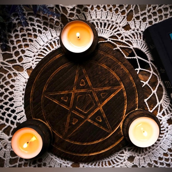 Pentagram Wooden Candle Holder Set - Brown - Picture 1 of 6